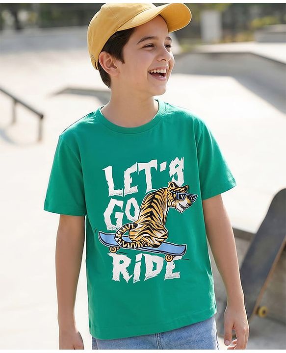 Pine Kids Cotton Knit Half Sleeves T-Shirt With Lets Go Ride Text Print - Mint
