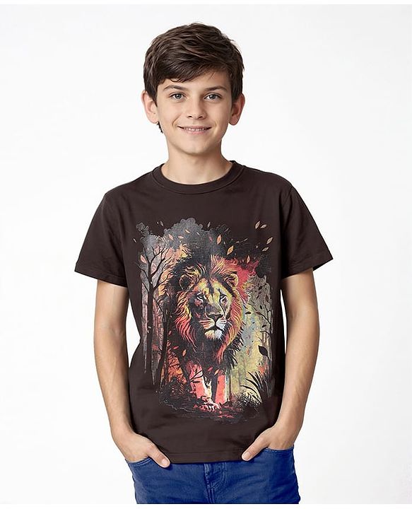 Pine Kids Cotton Knit Half Sleeves T-Shirt With Lion Print - Black