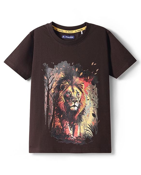 Pine Kids Cotton Knit Half Sleeves T-Shirt With Lion Print - Black