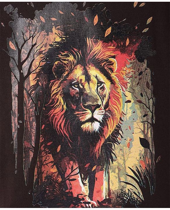 Pine Kids Cotton Knit Half Sleeves T-Shirt With Lion Print - Black