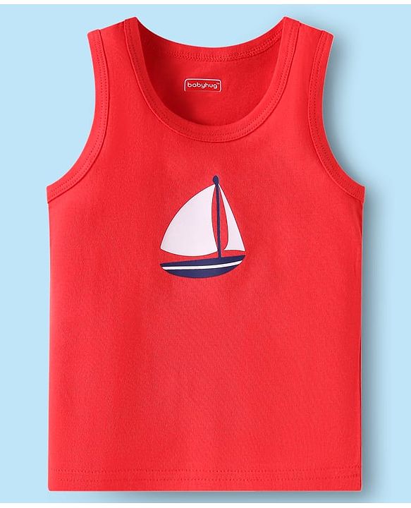 Babyhug 100% Cotton Knit Sleeveless Sando Vests With Boat Print Pack of 3 - Red Blue & White