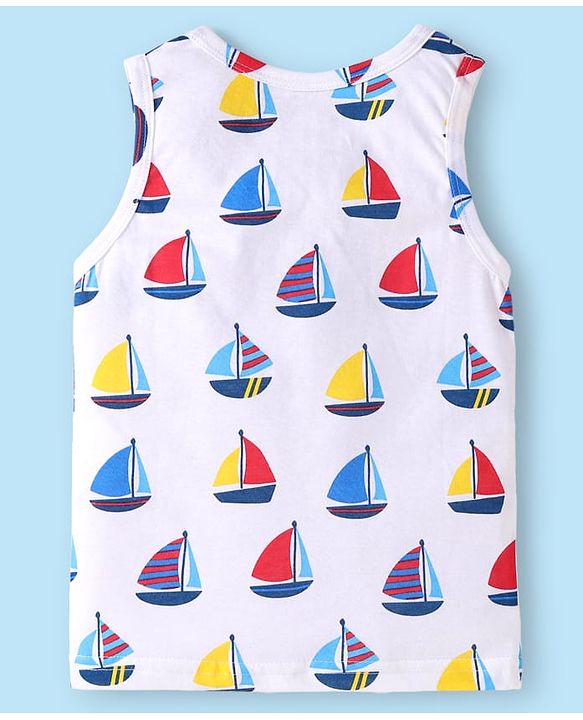 Babyhug 100% Cotton Knit Sleeveless Sando Vests With Boat Print Pack of 3 - Red Blue & White