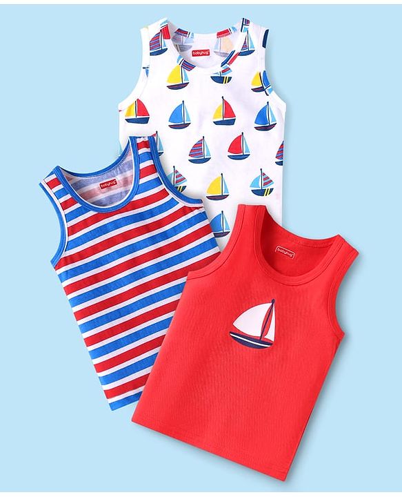 Babyhug 100% Cotton Knit Sleeveless Sando Vests With Boat Print Pack of 3 - Red Blue & White