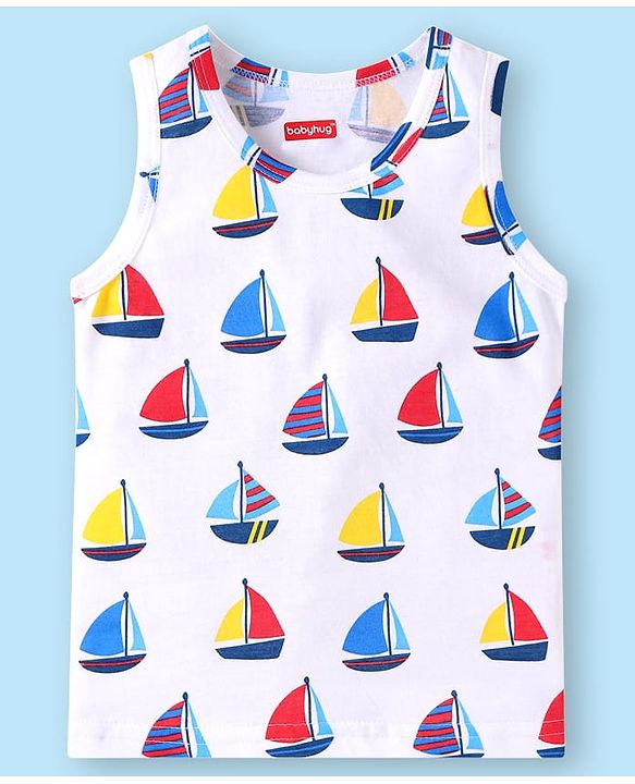 Babyhug 100% Cotton Knit Sleeveless Sando Vests With Boat Print Pack of 3 - Red Blue & White