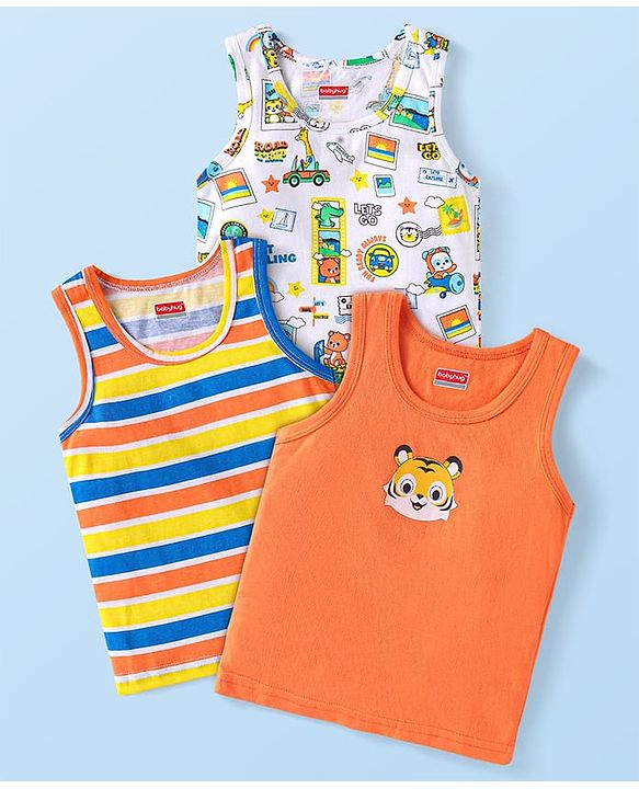 Babyhug 100 % Cotton Knit Sleeveless Sando with Animal Print & Stripes Pack of 3 - Orange & White