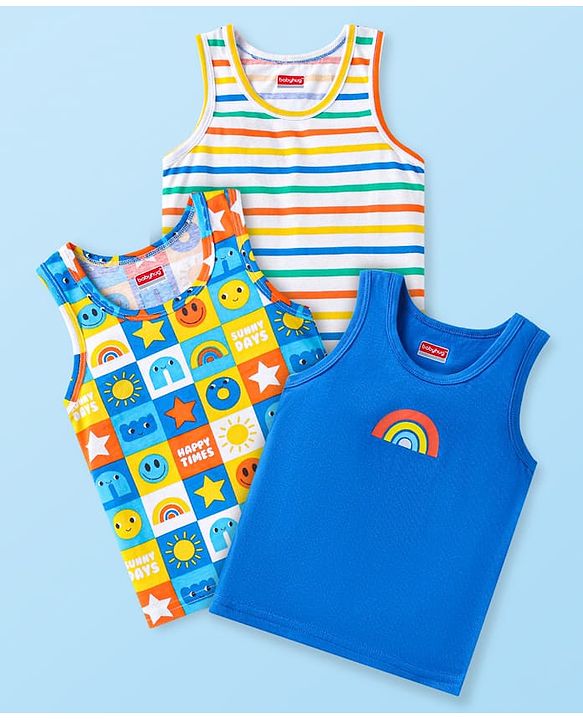 Babyhug 100% Cotton Knit Sleeveless Sando With Stripes & Smiley Print Pack Of 3 - Blue