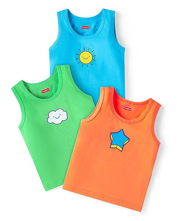 Babyhug 100% Cotton Knit Sleeveless Sandos With Cloud & Star Print Pack of 3 - Blue Red & White