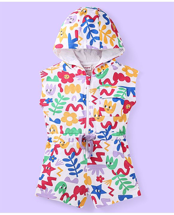 Babyhug Cotton Knit Half Sleeves Hooded Jumpsuit with Floral Print - White