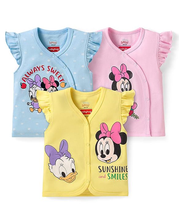 Babyhug Disney Interlock Knit Frill Sleeves Jhablas with Minnie Mouse Graphics Pack of 3 - Yellow Light Blue & Pink