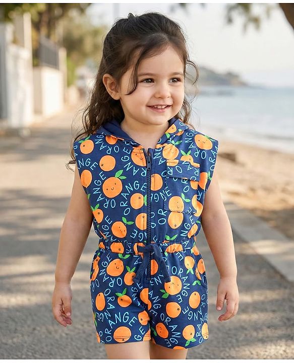 Babyhug Cotton Knit Half Sleeve Hooded Jumpsuit with Orange Print - Navy Blue
