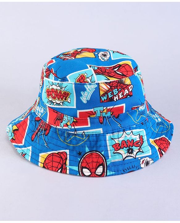 Babyhug Marvel Cotton Woven Summer Cap with Spider-man Print Blue & Red - Diameter 16 cm