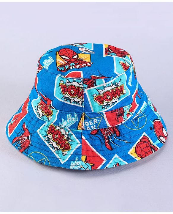 Babyhug Marvel Cotton Woven Summer Cap with Spider-man Print Blue & Red - Diameter 16 cm