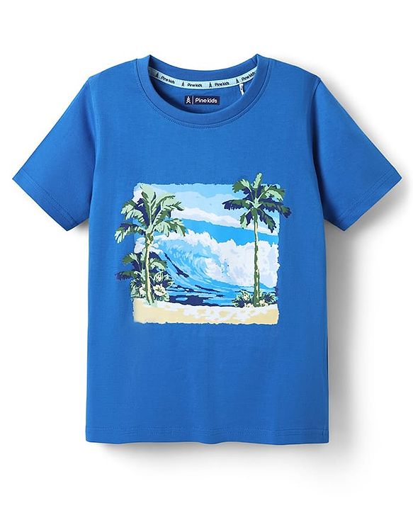 Pine Kids Cotton Knit Half Sleeves T-Shirt With Beach Theme Print - Blue