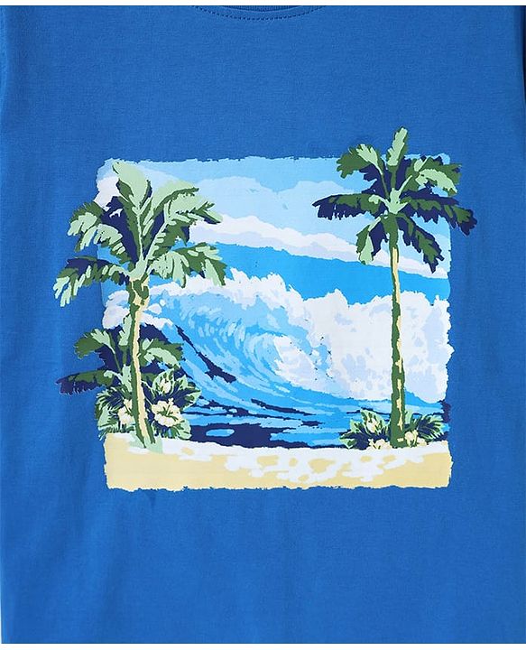 Pine Kids Cotton Knit Half Sleeves T-Shirt With Beach Theme Print - Blue