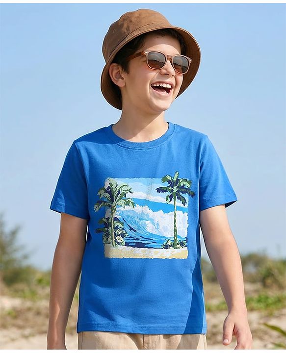 Pine Kids Cotton Knit Half Sleeves T-Shirt With Beach Theme Print - Blue