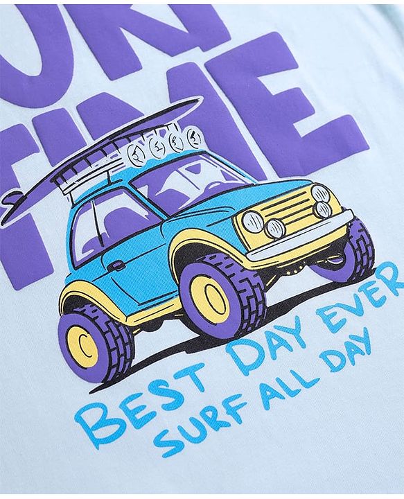 Pine Kids Cotton Knit Half Sleeves T-Shirt With Surf Time Text Print - Light Blue