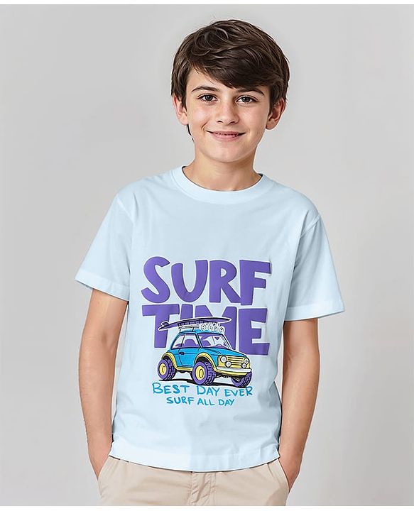 Pine Kids Cotton Knit Half Sleeves T-Shirt With Surf Time Text Print - Light Blue