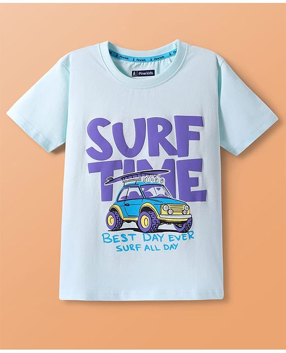 Pine Kids Cotton Knit Half Sleeves T-Shirt With Surf Time Text Print - Light Blue