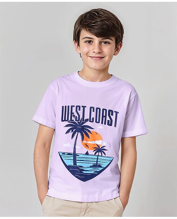 Pine Kids Cotton Knit Half Sleeves Beach Theme Printed T-Shirt - Lilac