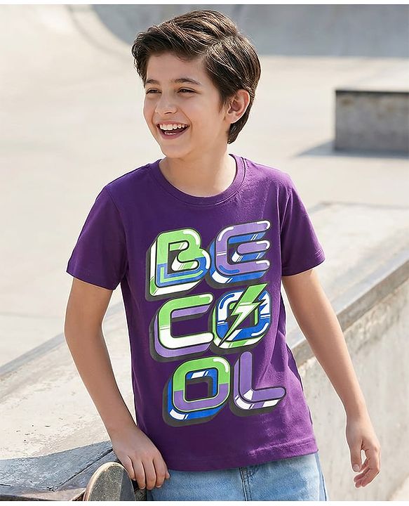 Pine Kids Cotton Knit Half Sleeves T-Shirt With Be Cool Text Print - Purple