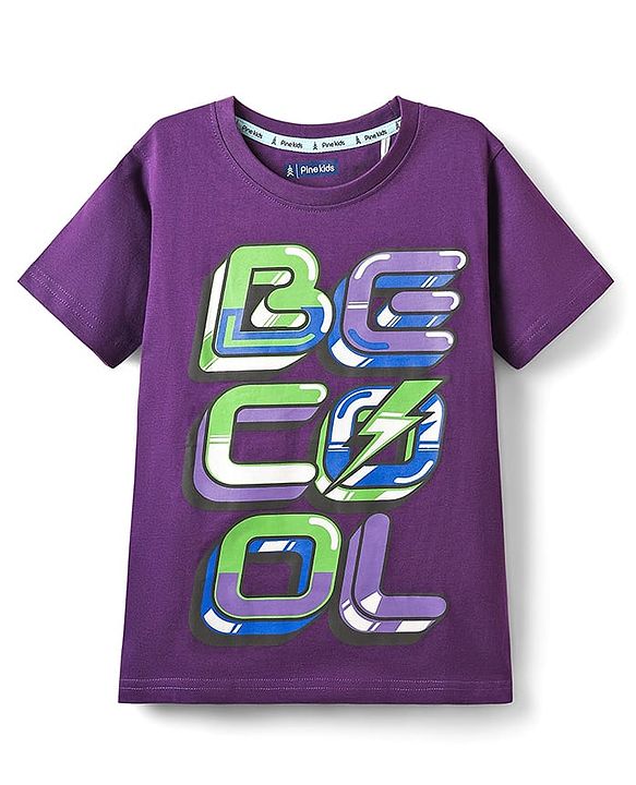 Pine Kids Cotton Knit Half Sleeves T-Shirt With Be Cool Text Print - Purple