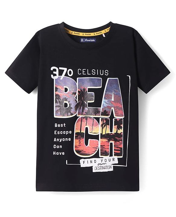 Pine Kids Cotton Knit Half Sleeves T-Shirt with Beach Theme Print - Black