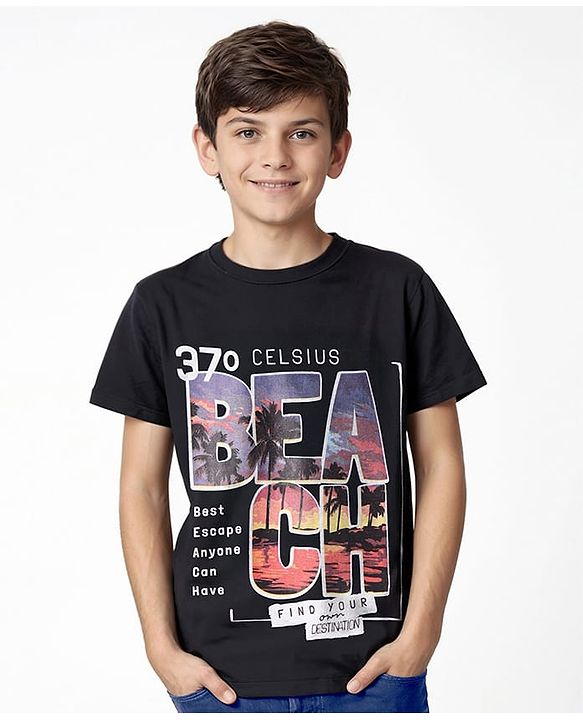 Pine Kids Cotton Knit Half Sleeves T-Shirt with Beach Theme Print - Black