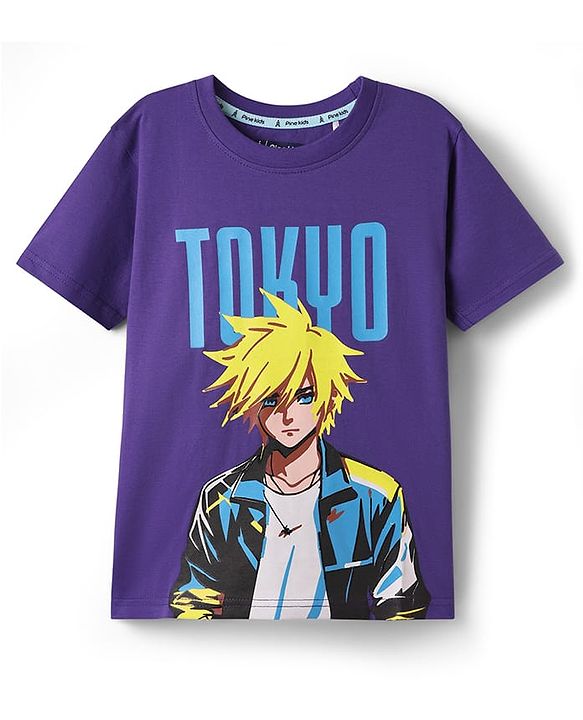 Pine Kids Cotton Knit Half Sleeves T-Shirt With Tokyo Text Print - Purple