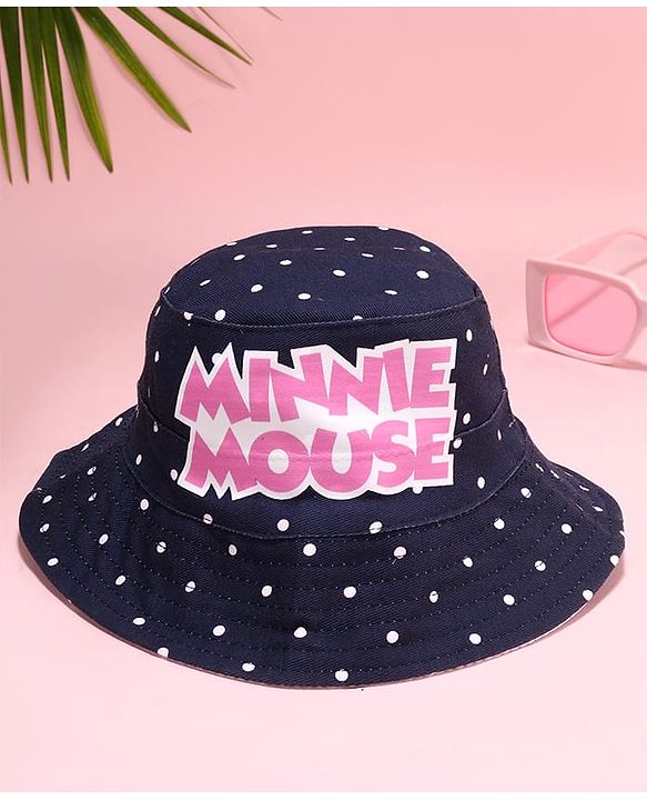 Babyhug Cotton Woven Bucket Hat with Polka Dot Print & Minnie Mouse Graphic Navy Blue - Diameter 17 cm
