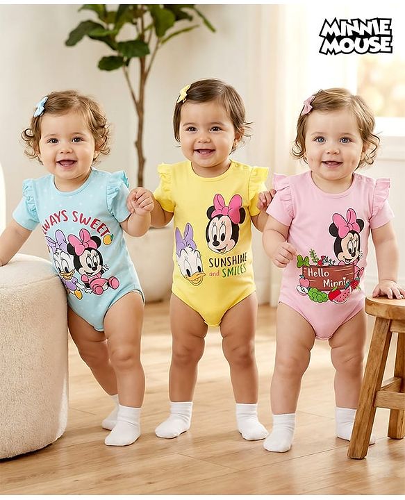 Babyhug Disney Interlock Knit Half Sleeves Onesies with Minnie Mouse Graphics & Frill Detailing Pack of 3 - Yellow Light Blue & Pink
