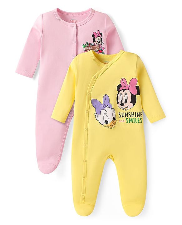 Babyhug Disney Interlock Knit Full Sleeves Footed Sleepsuits With Minnie Mouse Graphics Pack Of 2 - Pink & Yellow
