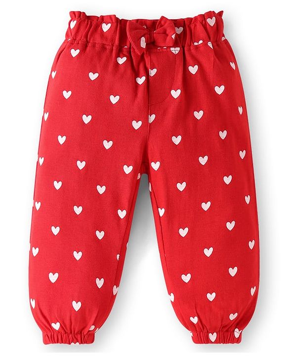 Babyhug Terry Knit Full Length Lounge Pants with Hearts Print & Bow Applique Pack of 3 - Red Yellow & Blue