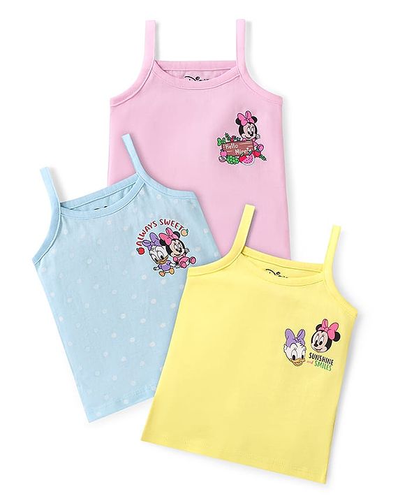 Babyhug Disney Single Jersey Knit Singlet Sleeves Slips with Minnie Mouse Graphics Pack of 3 - Pink Yellow & Light Blue