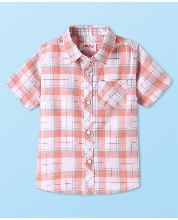 Babyhug Cotton Woven Half Sleeves Checkered Shirt - Peach