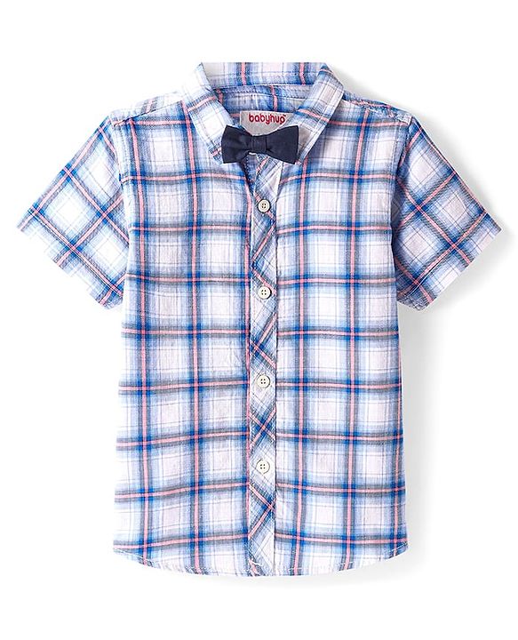 Babyhug Cotton Woven Half Sleeves Checkered  Shirt with Bow - Blue & White