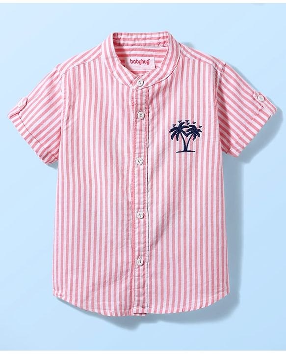 Babyhug Cotton Woven Half Sleeves Shirt With Tree Embroidery Stripes - Pink