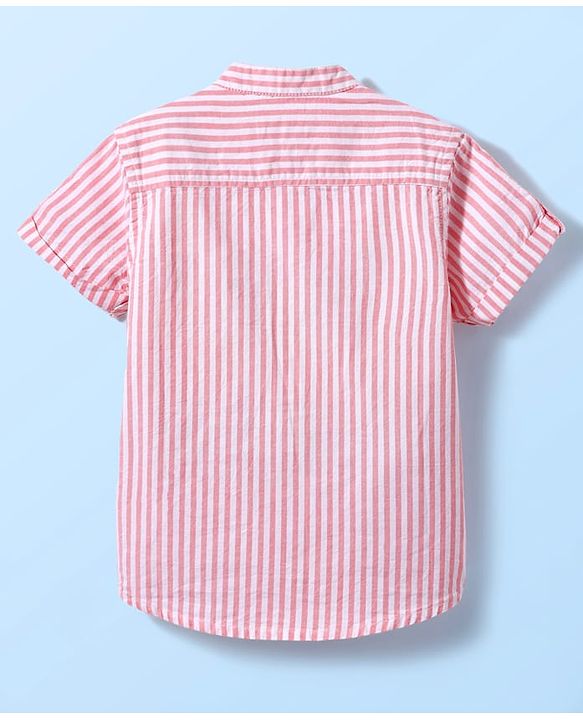 Babyhug Cotton Woven Half Sleeves Shirt With Tree Embroidery Stripes - Pink