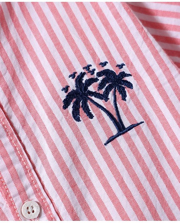 Babyhug Cotton Woven Half Sleeves Shirt With Tree Embroidery Stripes - Pink