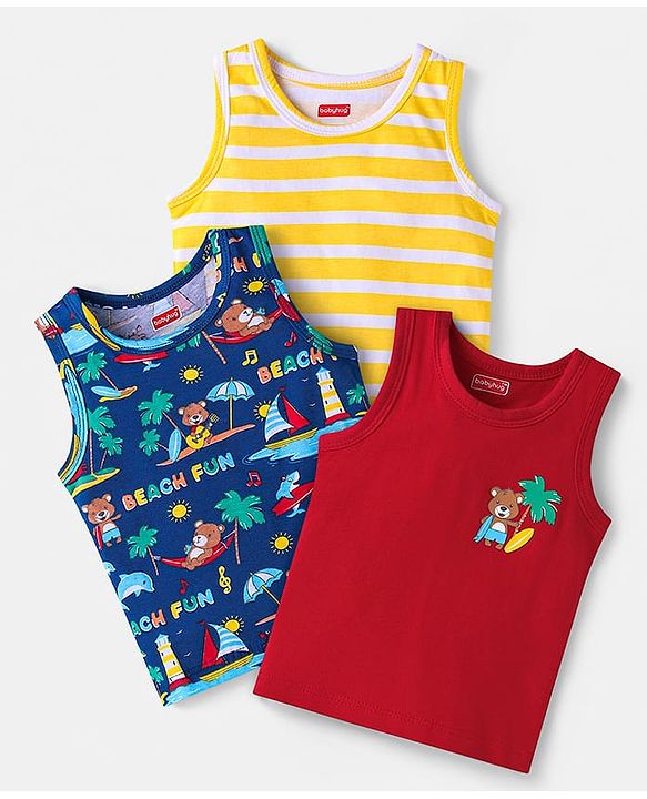 Babyhug 100% Cotton Knit Sleeveless Antibacterial Sandos Striped & Beach Theme Print Pack of 3 - Yellow Red Navy Blue