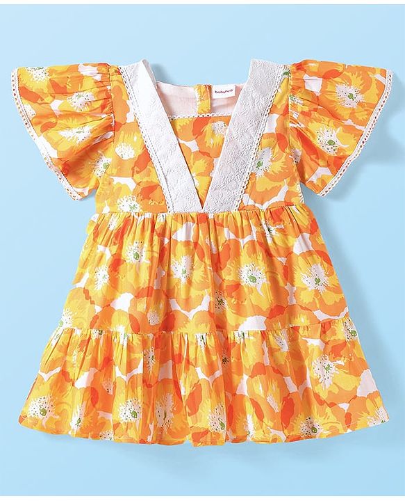 Babyhug Cotton Woven Half Frill Sleeves Frock with Floral Print - Orange