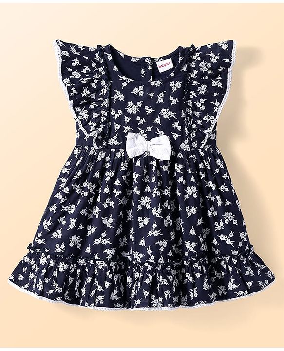 Babyhug Cotton Woven Frill Sleeves Frock with Floral Print & Bow Applique - Navy Blue