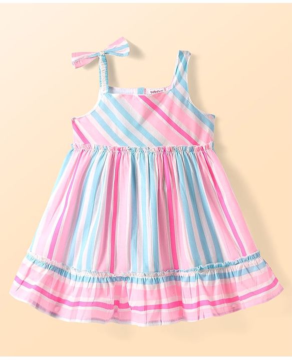 Babyhug Cotton Woven Sleeveless Striped Frock - Pink & Blue