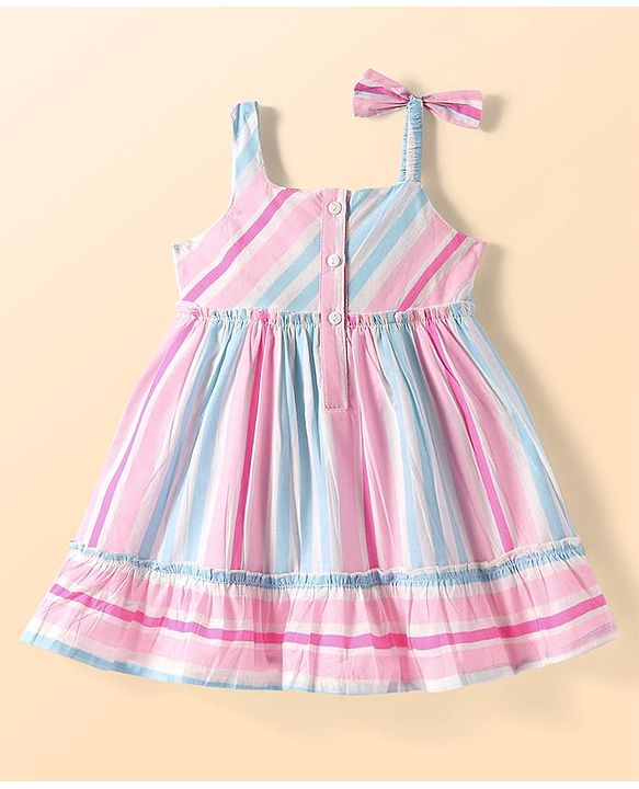 Babyhug Cotton Woven Sleeveless Striped Frock - Pink & Blue