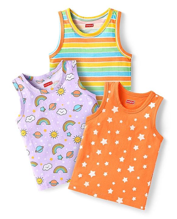 Babyhug 100% Cotton Single Jersey Knit Sleeveless Antibacterial Sandos With Striped Rainbow & Star Print Pack Of 3 - Orange Purple & Yellow