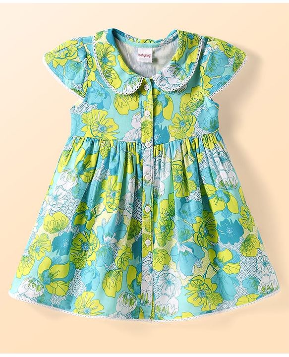 Babyhug Cotton Woven Cap Sleeves Peter Pan Collared Front Open Frock with Floral Print - Green