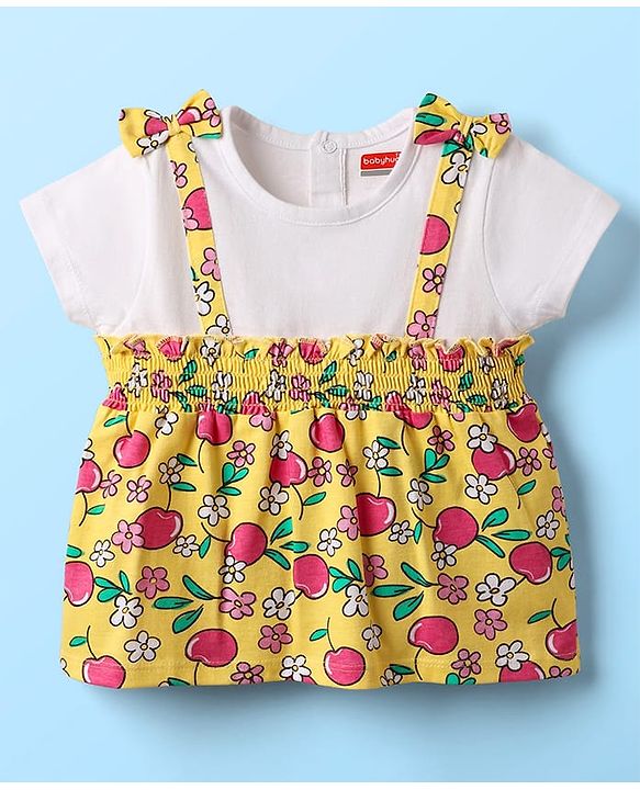 Babyhug Cotton Knit Half Sleeves Top with Tropical Theme Print & Bow Applique - Yellow & White