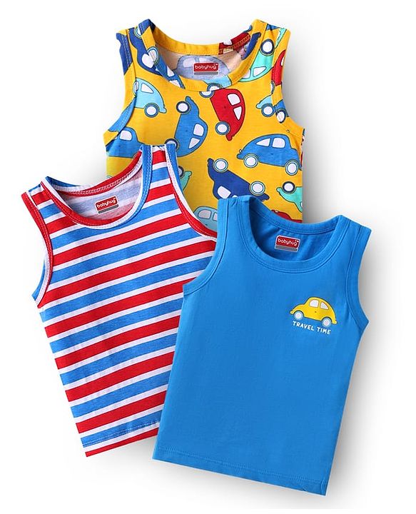 Babyhug Single Jersey Knit Sleeveless Antibacterial Sandos With Striped & Vehicle Print Pack Of 3 - Yellow Blue & Red