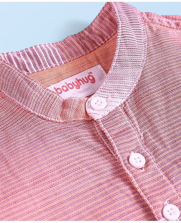 Babyhug Cotton Woven Half Sleeves Striped Mandarin Collar Kurta Style Shirt - Pink