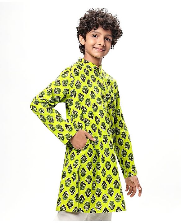 Pine Kids Cotton Woven Full Sleeves Floral Printed Kurta - Limegreen