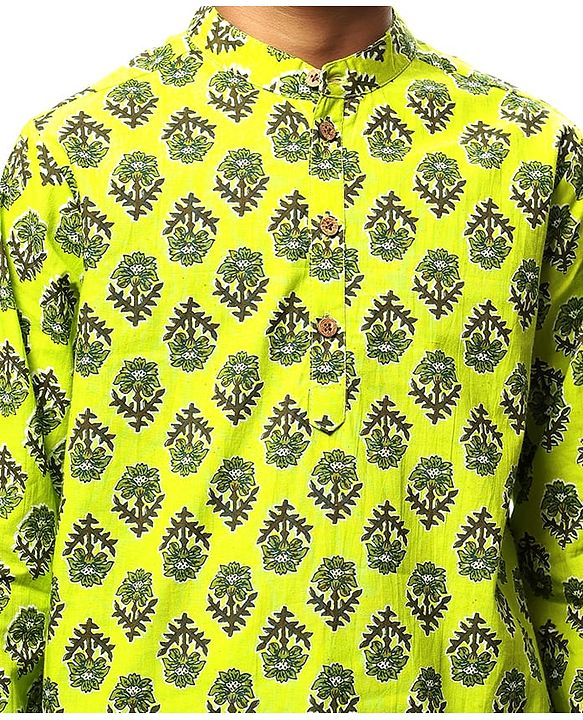 Pine Kids Cotton Woven Full Sleeves Floral Printed Kurta - Limegreen